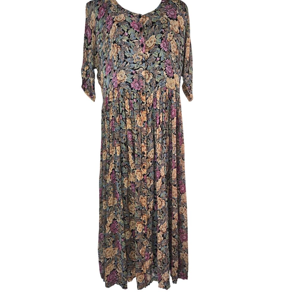 Starina Vintage Women's Floral Scoop Neck Front Button Midi Dress. Size Medium
